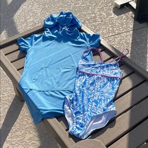 Spyder Girls Blue Hooded Swim Coverup Blue & Pink Patterned One-Piece Set 7/8 S